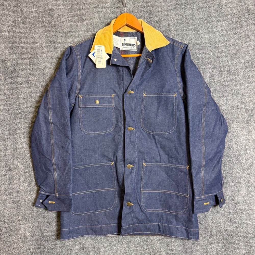 Vintage Roebucks Mens Denim Chore Coat Blanket Lined Corduroy Collar Blue Medium